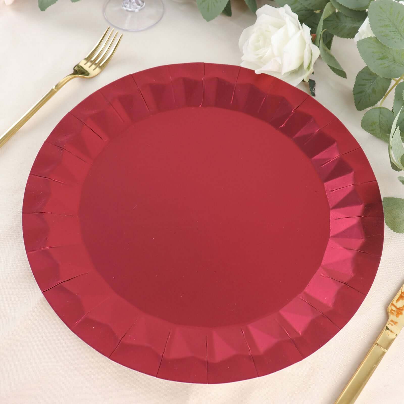 25 - Pack Paper 12" Round Charger Plates in Burgundy with Geometric Prism Design - Disposable 400GSM Serving Trays - Bell Racket Store