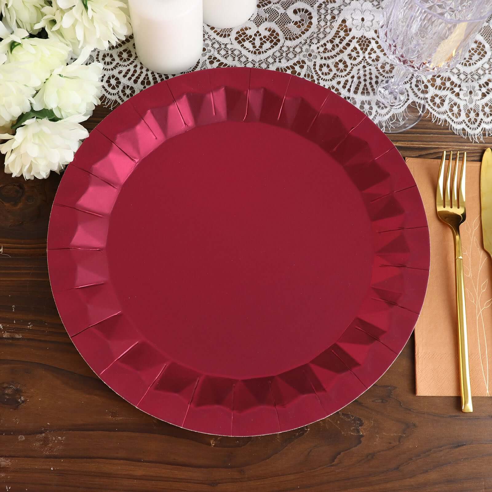25 - Pack Paper 12" Round Charger Plates in Burgundy with Geometric Prism Design - Disposable 400GSM Serving Trays - Bell Racket Store