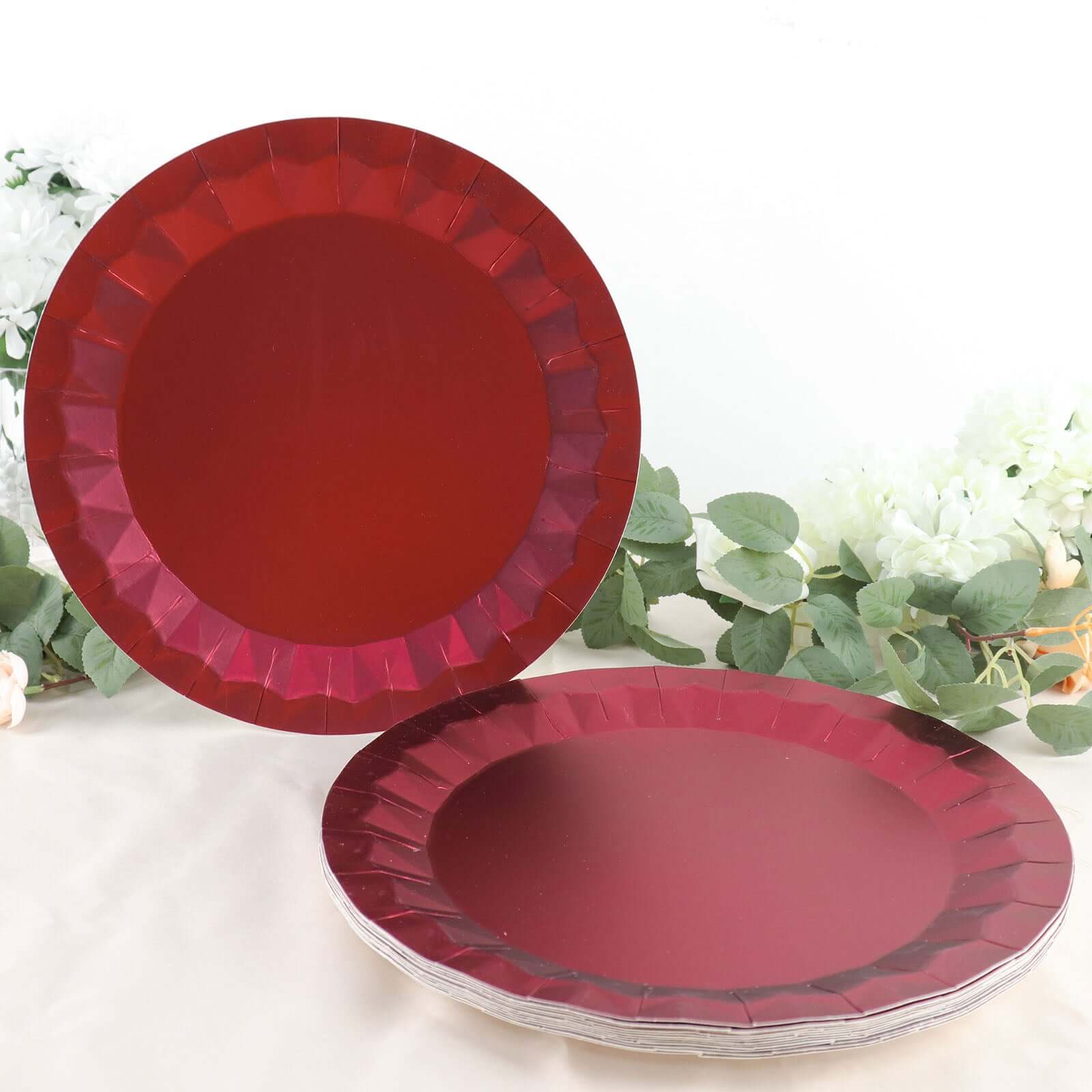 25 - Pack Paper 12" Round Charger Plates in Burgundy with Geometric Prism Design - Disposable 400GSM Serving Trays - Bell Racket Store