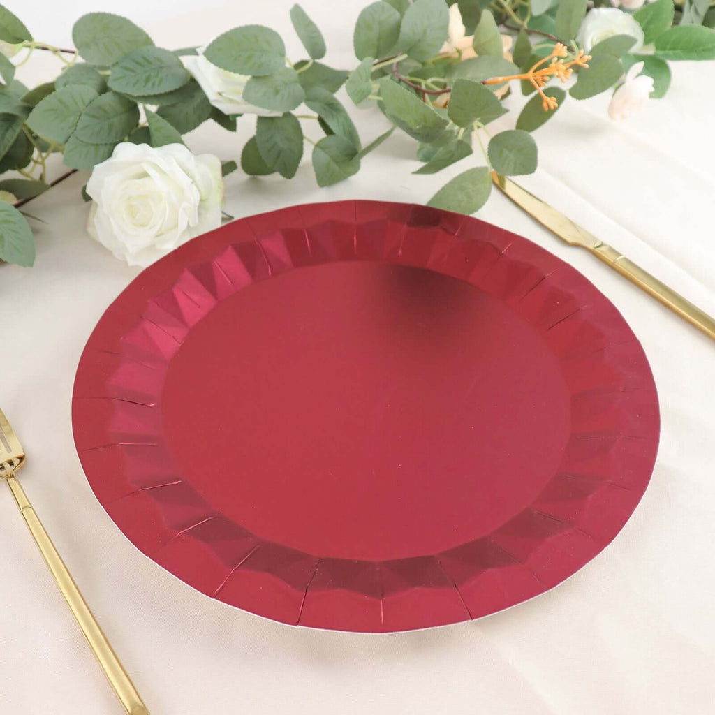 25 - Pack Paper 12" Round Charger Plates in Burgundy with Geometric Prism Design - Disposable 400GSM Serving Trays - Bell Racket Store