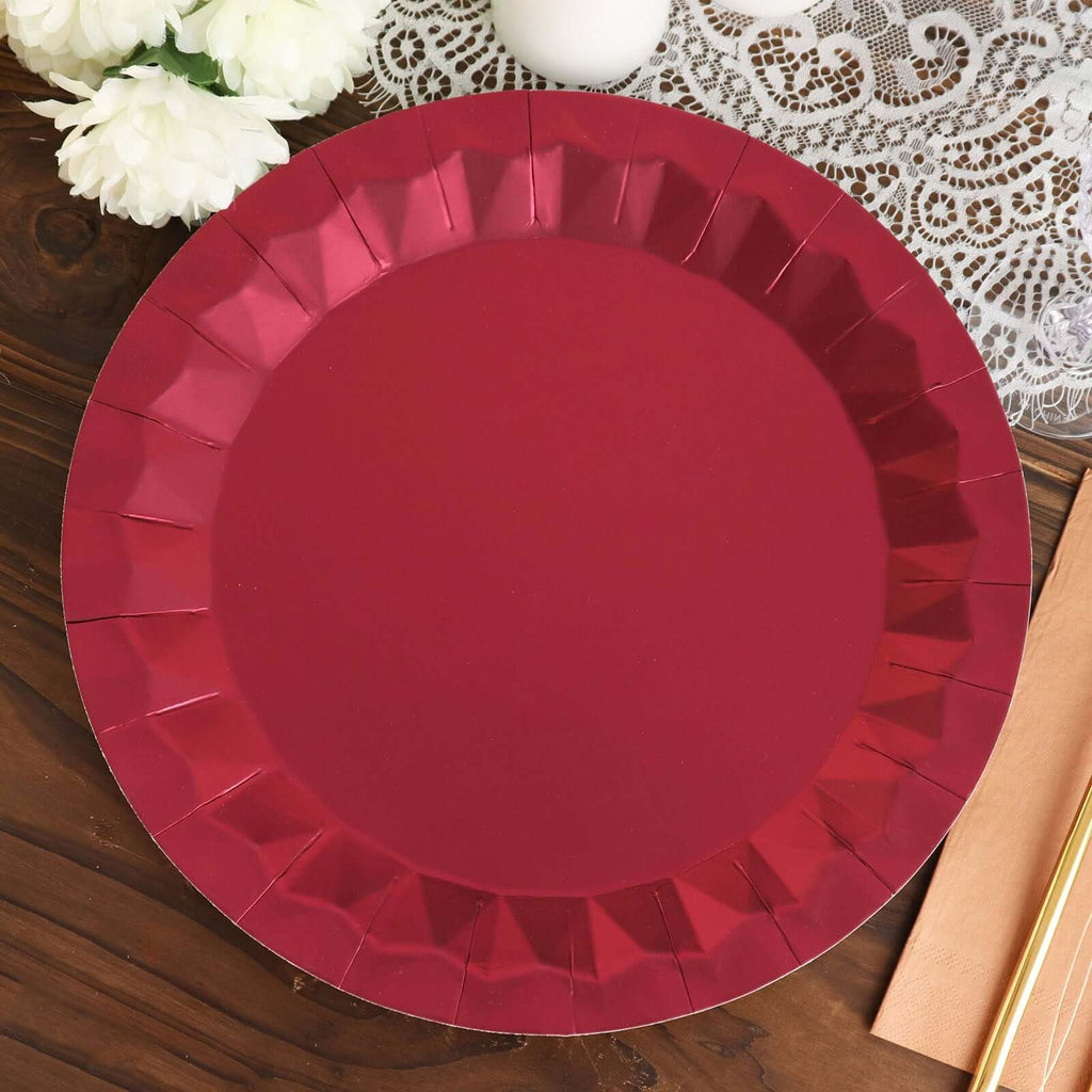 25 - Pack Paper 12" Round Charger Plates in Burgundy with Geometric Prism Design - Disposable 400GSM Serving Trays - Bell Racket Store