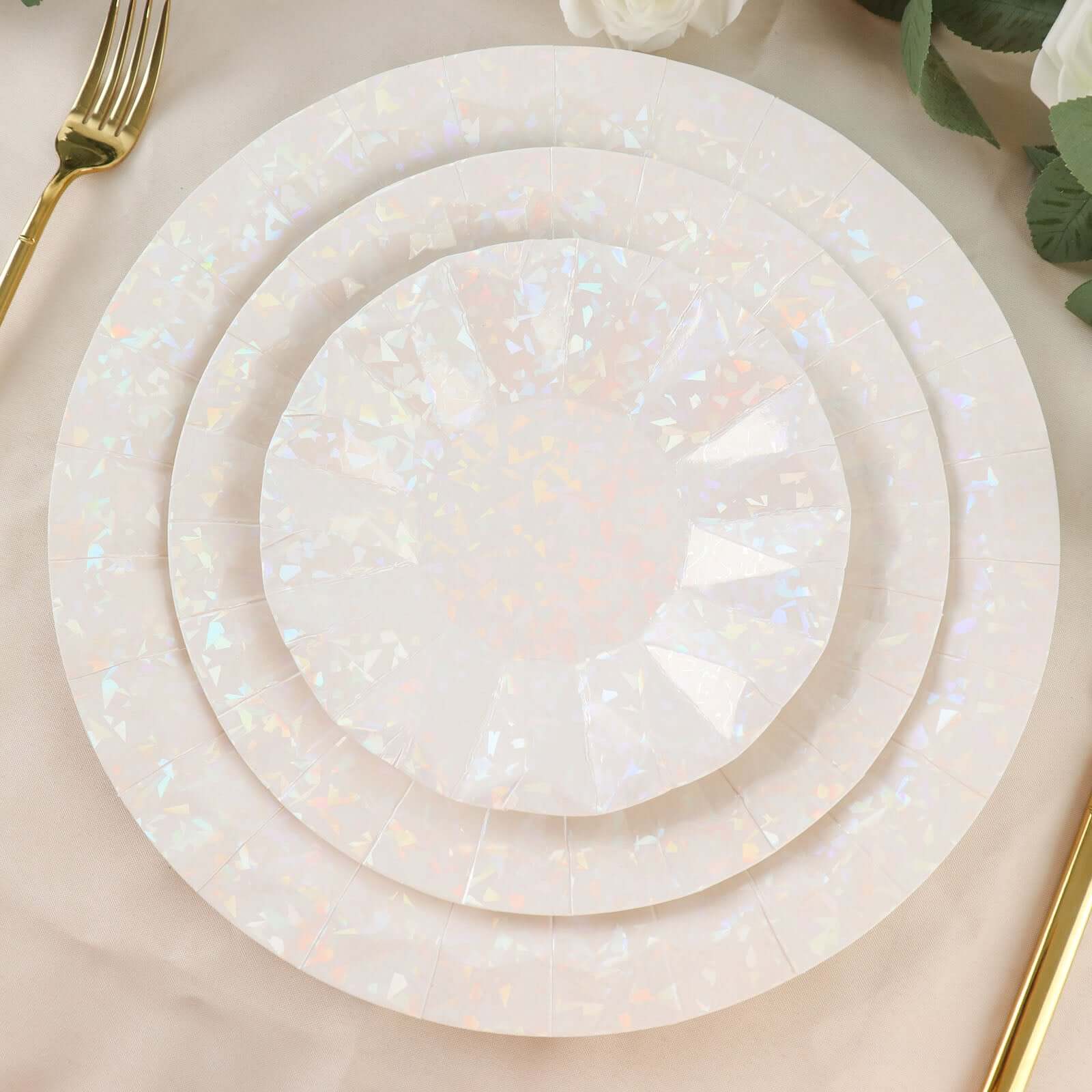 25 - Pack Paper 12" Round Charger Plates in Iridescent with Geometric Prism Design - Disposable 400GSM Serving Trays - Bell Racket Store