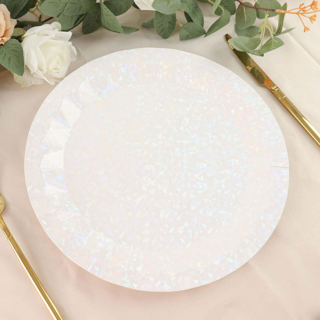 25 - Pack Paper 12" Round Charger Plates in Iridescent with Geometric Prism Design - Disposable 400GSM Serving Trays - Bell Racket Store