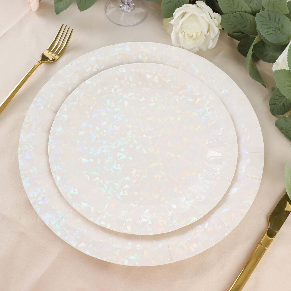 25 - Pack Paper 12" Round Charger Plates in Iridescent with Geometric Prism Design - Disposable 400GSM Serving Trays - Bell Racket Store