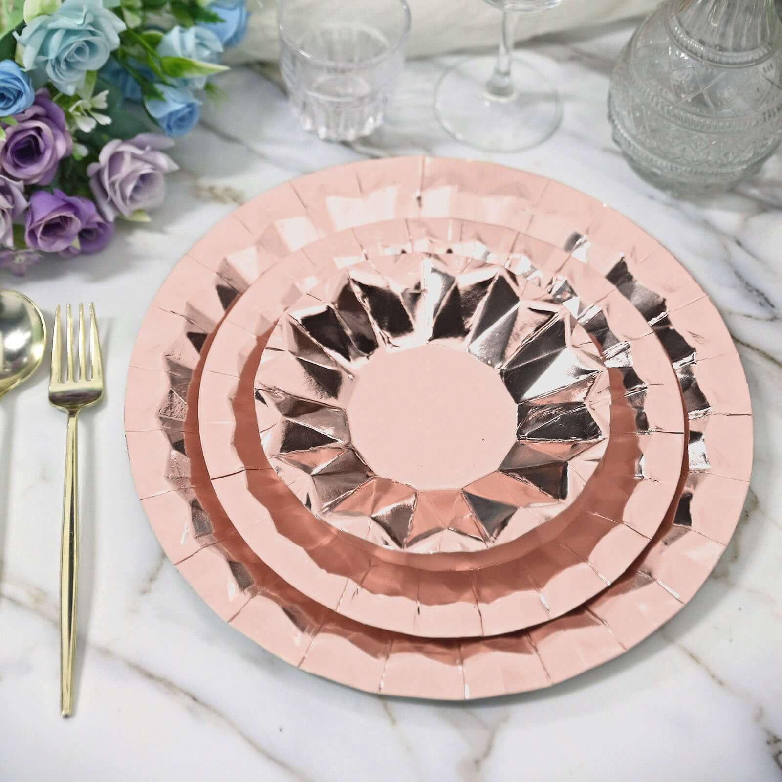 25 - Pack Paper 12" Round Charger Plates in Metallic Rose Gold with Geometric Prism Design - Disposable 400GSM Serving Trays - Bell Racket Store