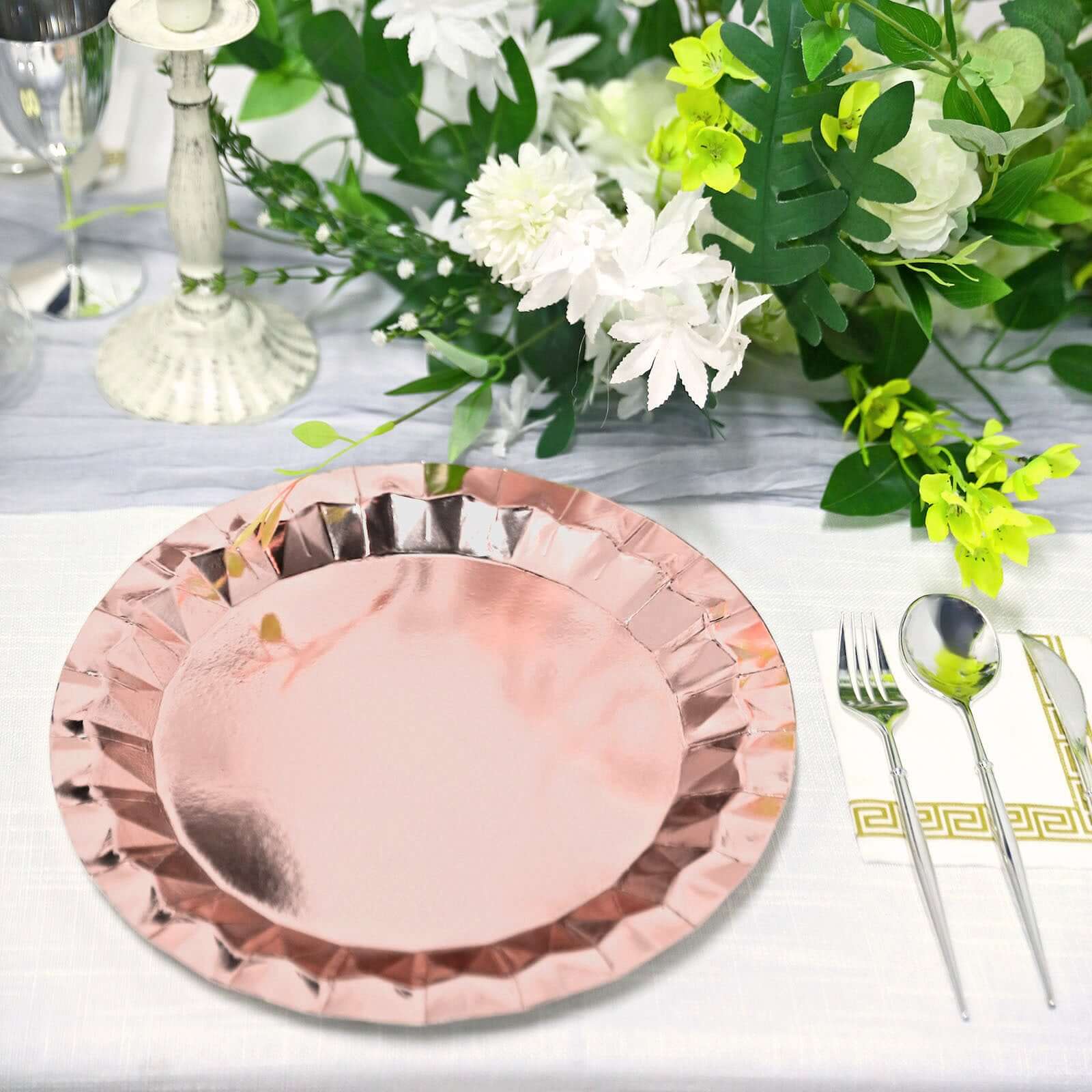 25 - Pack Paper 12" Round Charger Plates in Metallic Rose Gold with Geometric Prism Design - Disposable 400GSM Serving Trays - Bell Racket Store