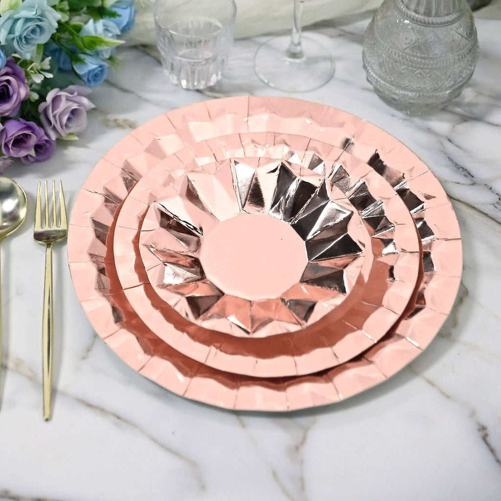 25 - Pack Paper 12" Round Charger Plates in Metallic Rose Gold with Geometric Prism Design - Disposable 400GSM Serving Trays - Bell Racket Store