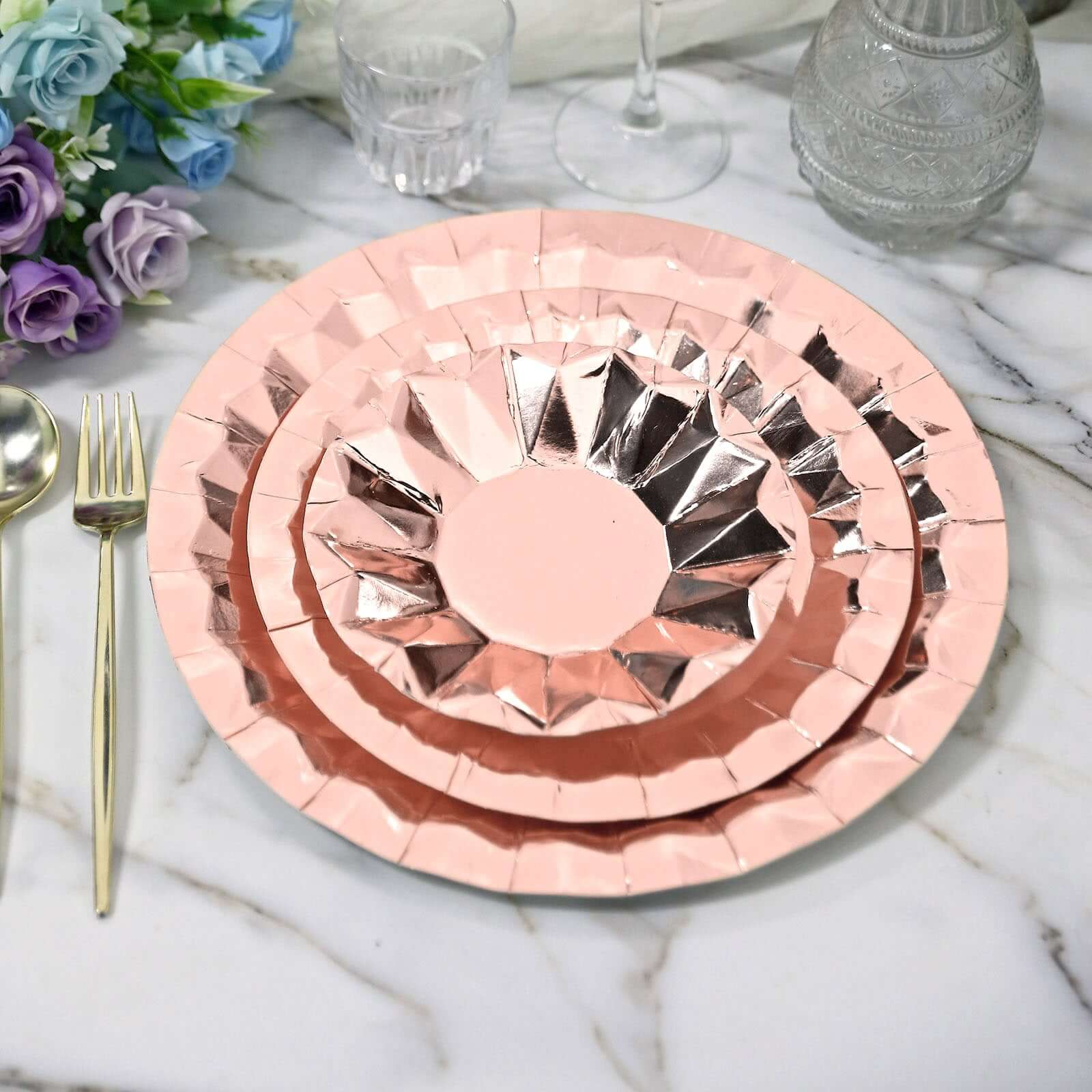 25 - Pack Paper 12" Round Charger Plates in Metallic Rose Gold with Geometric Prism Design - Disposable 400GSM Serving Trays - Bell Racket Store