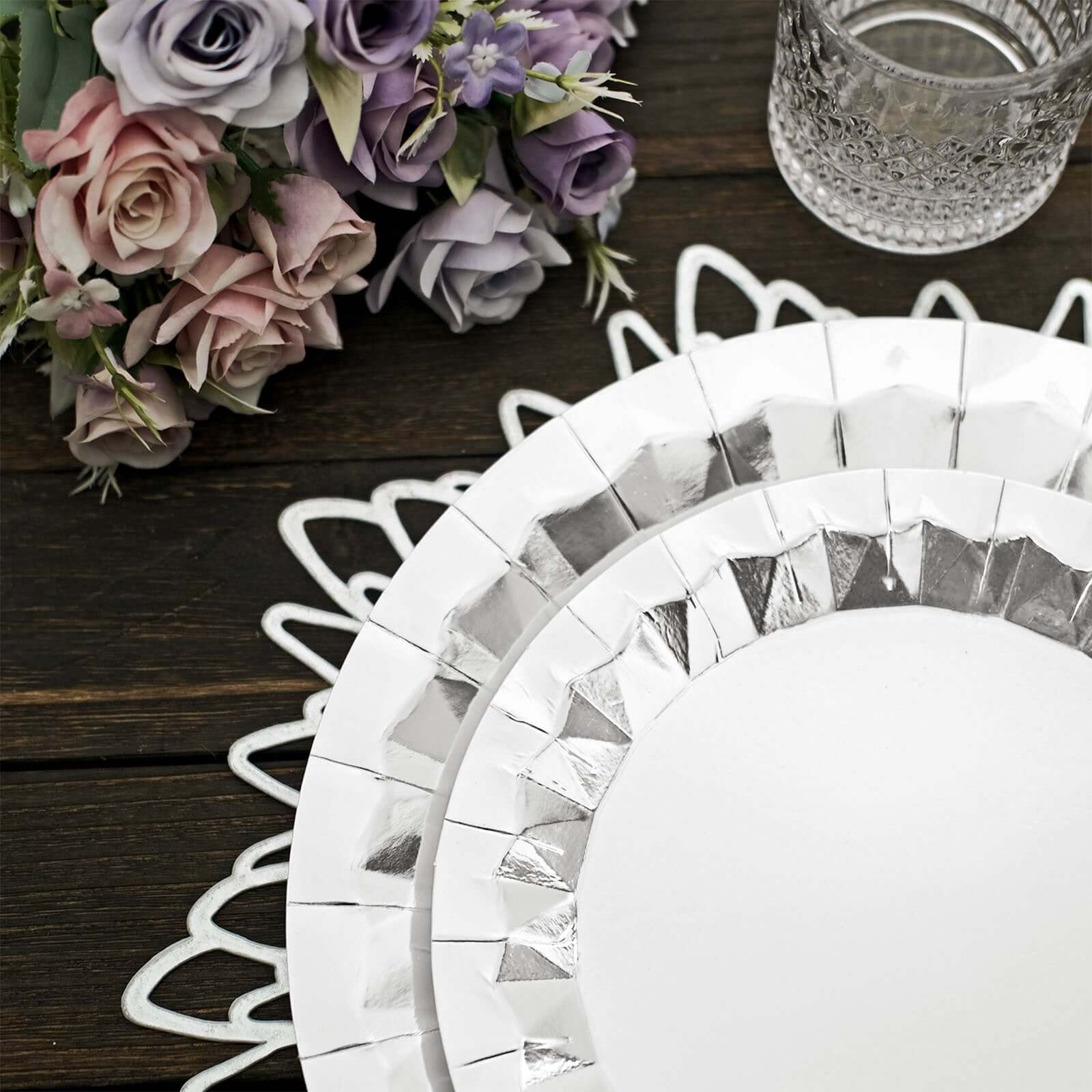 25 - Pack Paper 12" Round Charger Plates in Metallic Silver with Geometric Prism Design - Disposable 400GSM Serving Trays - Bell Racket Store