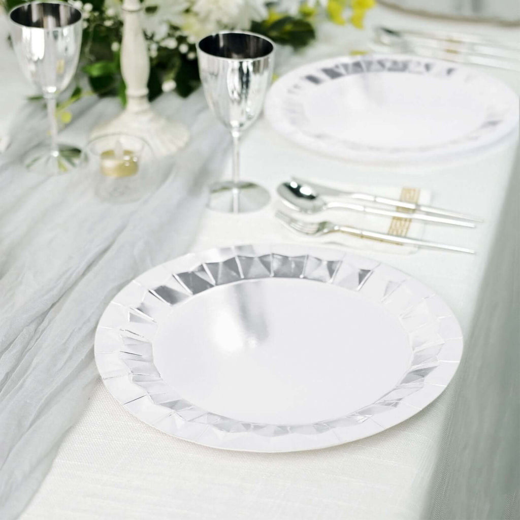 25 - Pack Paper 12" Round Charger Plates in Metallic Silver with Geometric Prism Design - Disposable 400GSM Serving Trays - Bell Racket Store