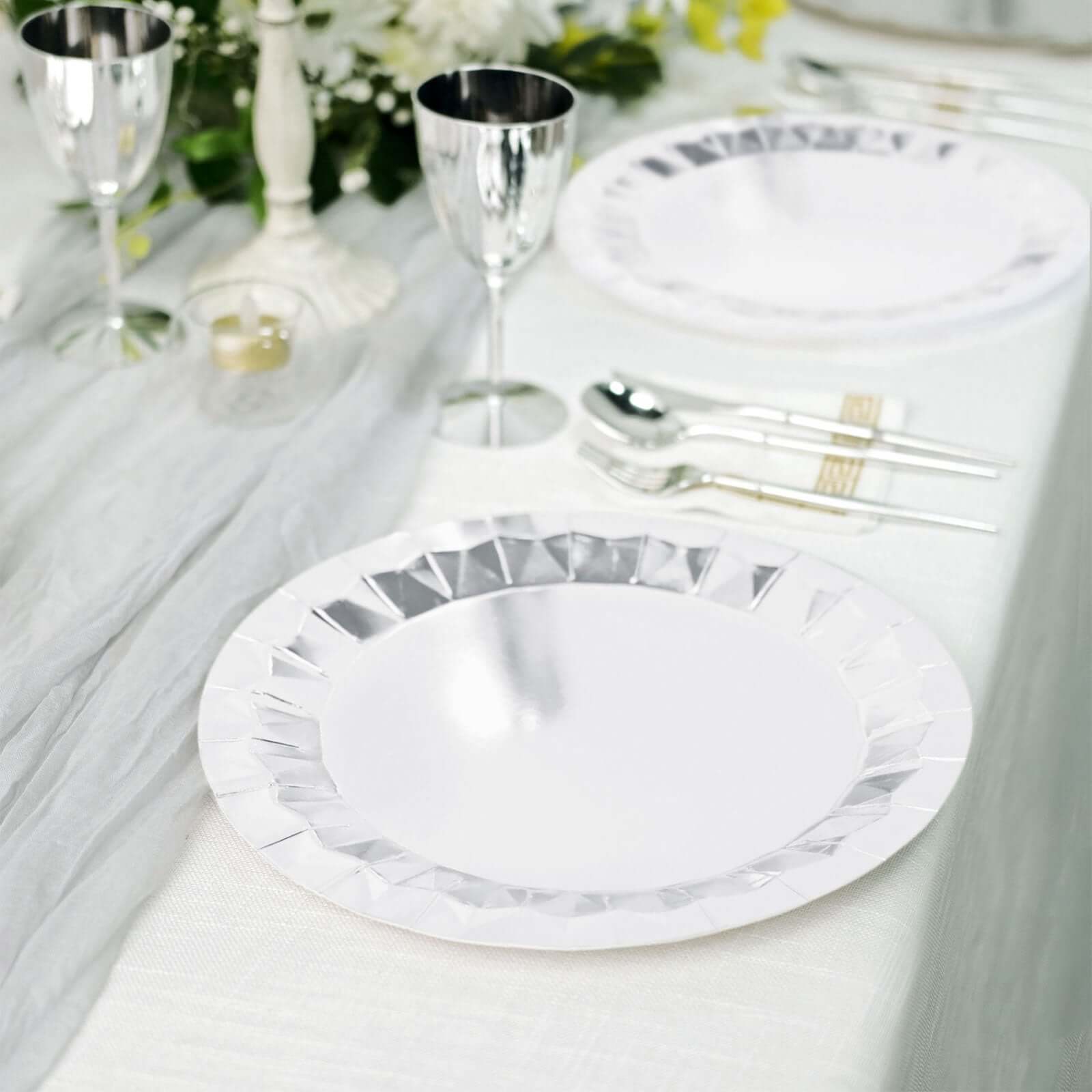 25 - Pack Paper 12" Round Charger Plates in Metallic Silver with Geometric Prism Design - Disposable 400GSM Serving Trays - Bell Racket Store