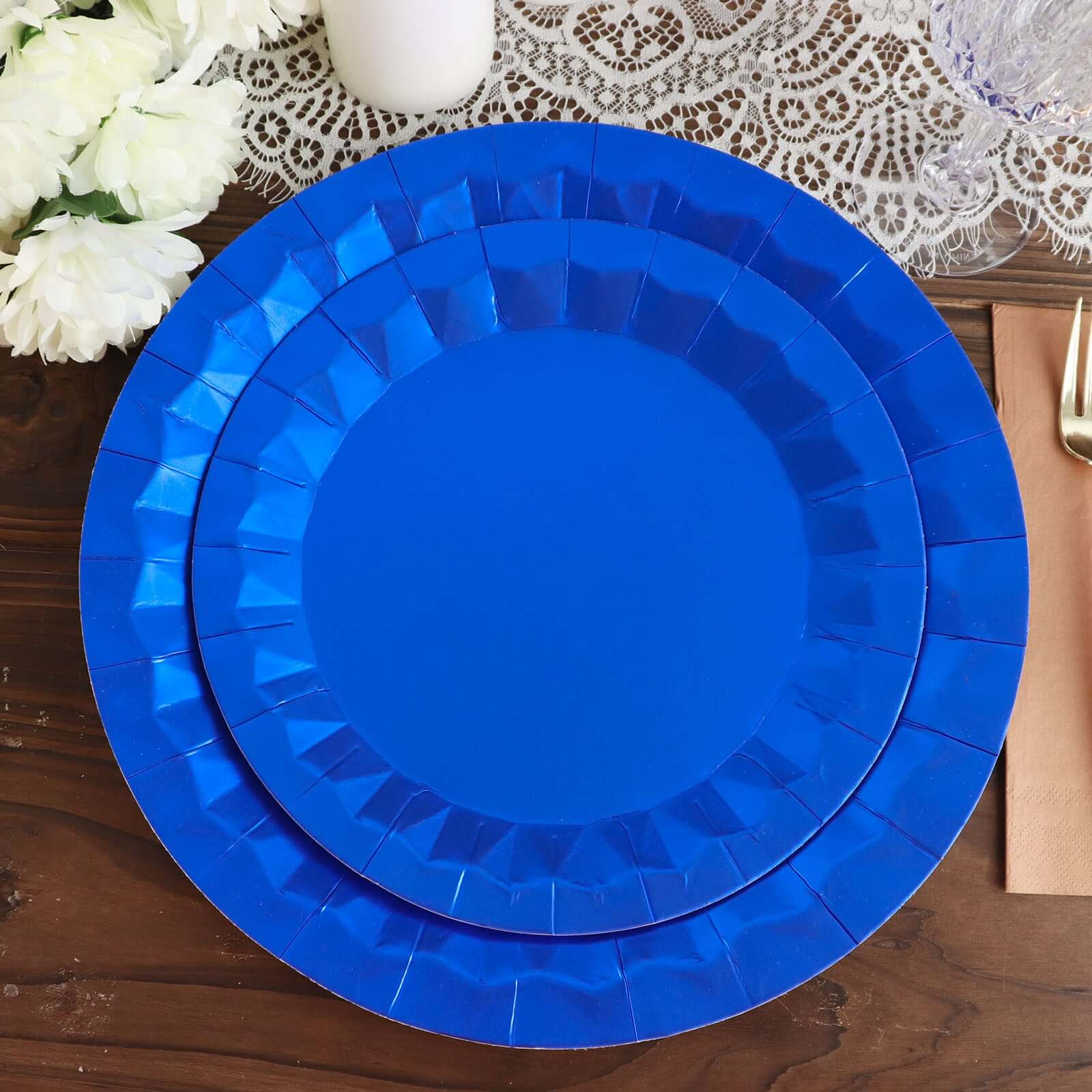 25 - Pack Paper 12" Round Charger Plates in Royal Blue with Geometric Prism Design - Disposable 400GSM Serving Trays - Bell Racket Store