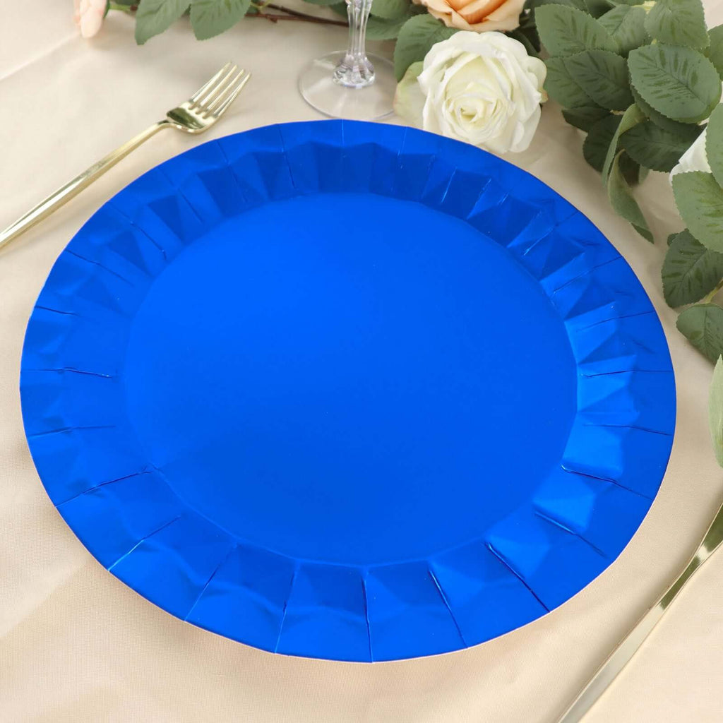 25 - Pack Paper 12" Round Charger Plates in Royal Blue with Geometric Prism Design - Disposable 400GSM Serving Trays - Bell Racket Store