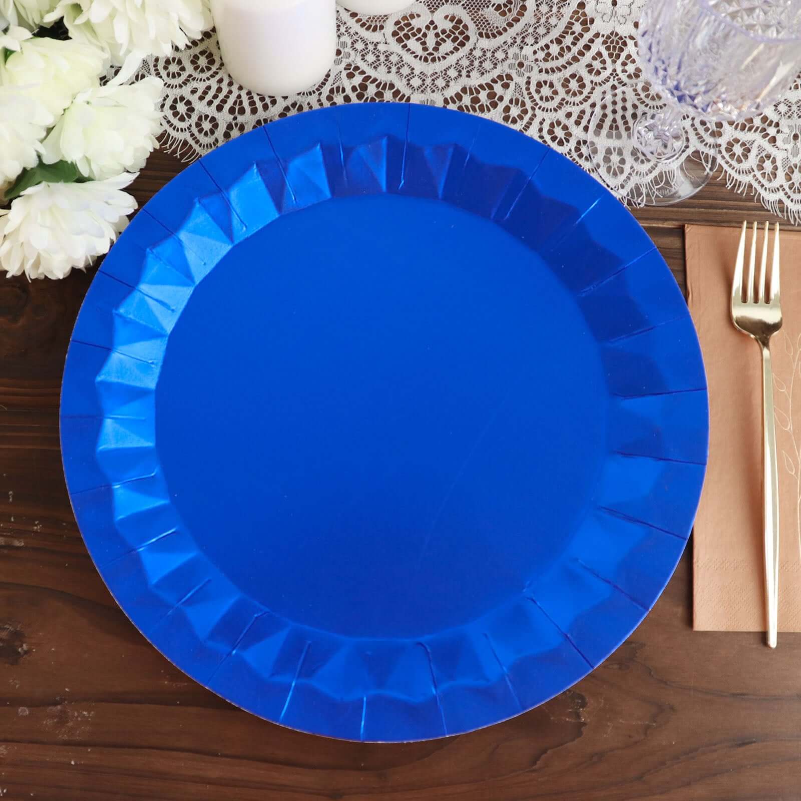 25 - Pack Paper 12" Round Charger Plates in Royal Blue with Geometric Prism Design - Disposable 400GSM Serving Trays - Bell Racket Store