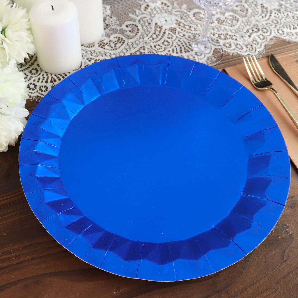 25 - Pack Paper 12" Round Charger Plates in Royal Blue with Geometric Prism Design - Disposable 400GSM Serving Trays - Bell Racket Store