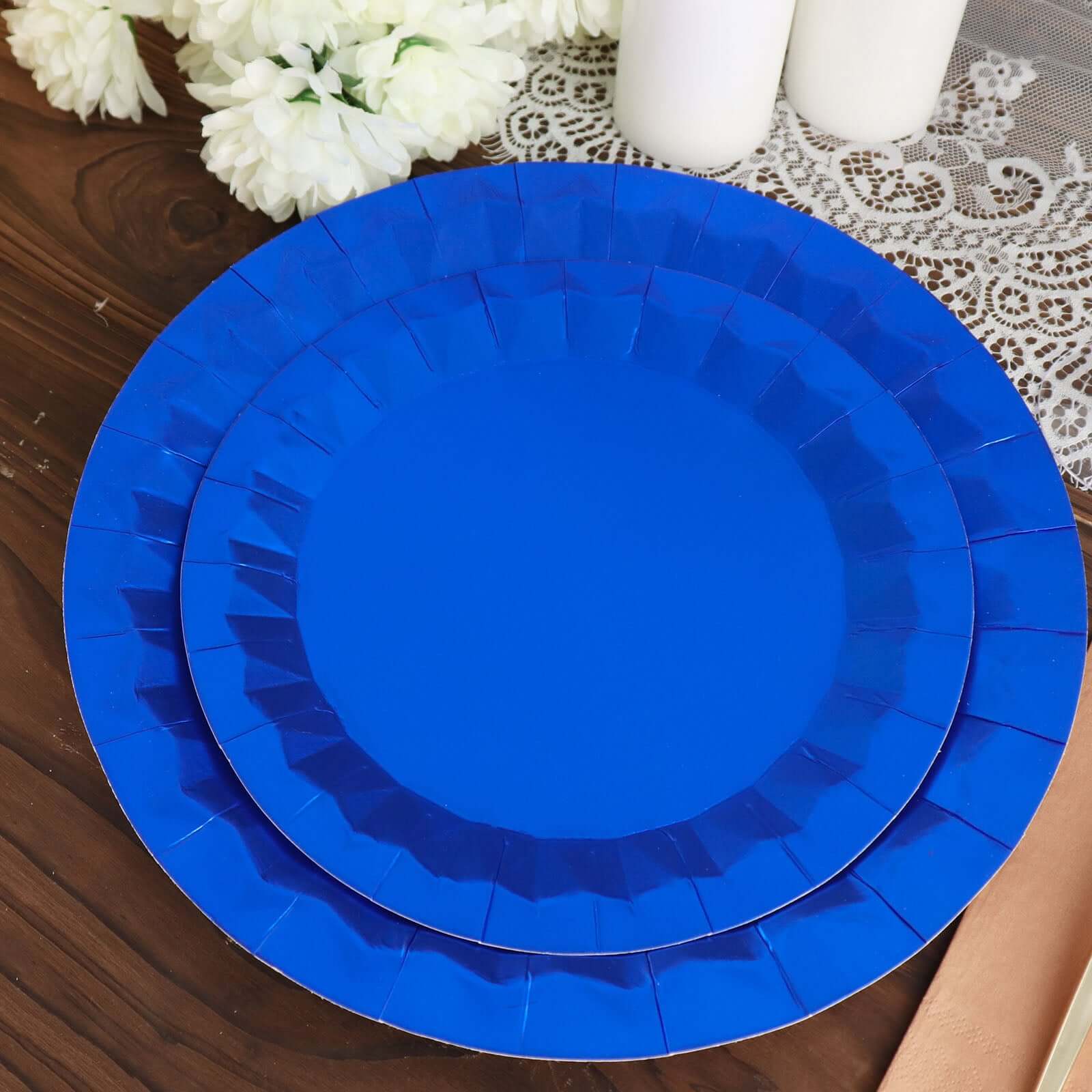 25 - Pack Paper 12" Round Charger Plates in Royal Blue with Geometric Prism Design - Disposable 400GSM Serving Trays - Bell Racket Store