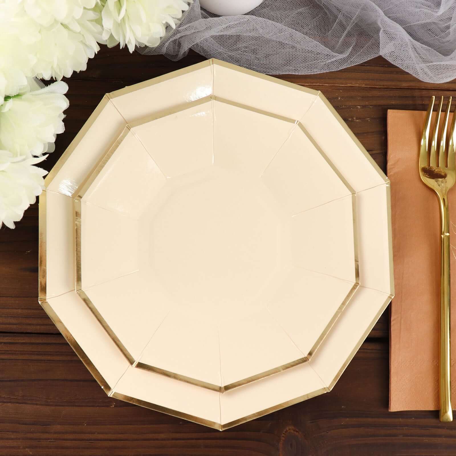25 - Pack Paper 7" Decagon Appetizer Plates in Beige with Gold Foil Rim - Bell Racket Store