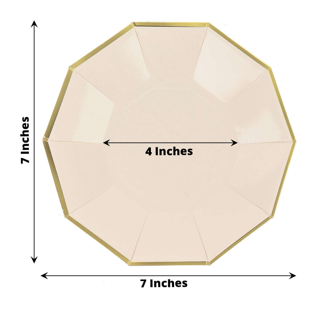 25 - Pack Paper 7" Decagon Appetizer Plates in Beige with Gold Foil Rim - Bell Racket Store