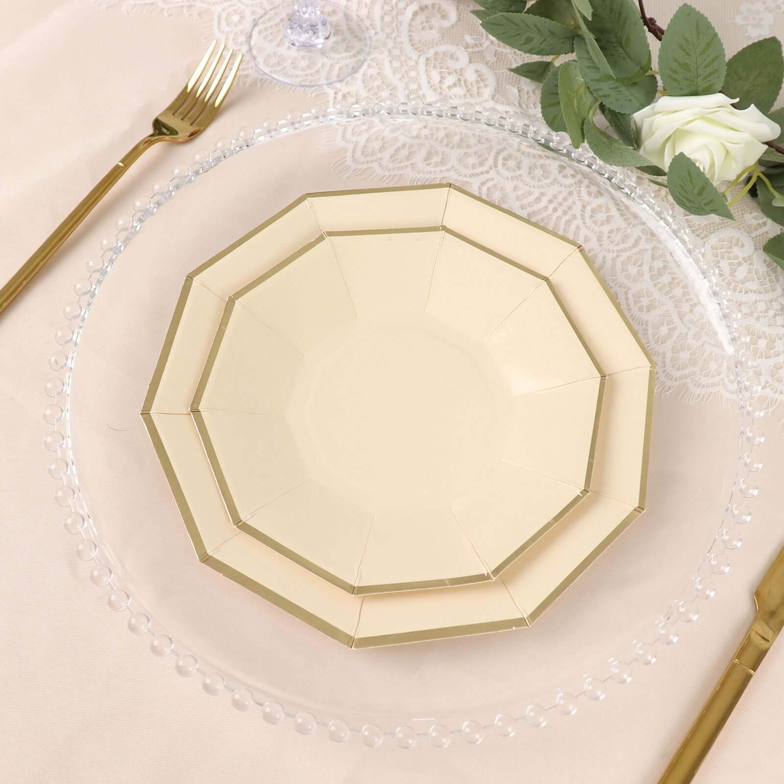 25 - Pack Paper 7" Decagon Appetizer Plates in Beige with Gold Foil Rim - Bell Racket Store