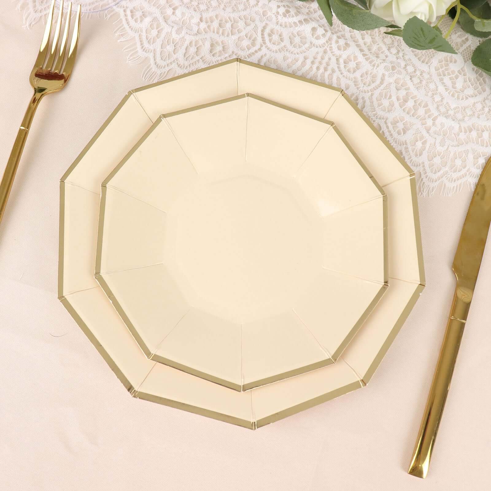 25 - Pack Paper 7" Decagon Appetizer Plates in Beige with Gold Foil Rim - Bell Racket Store