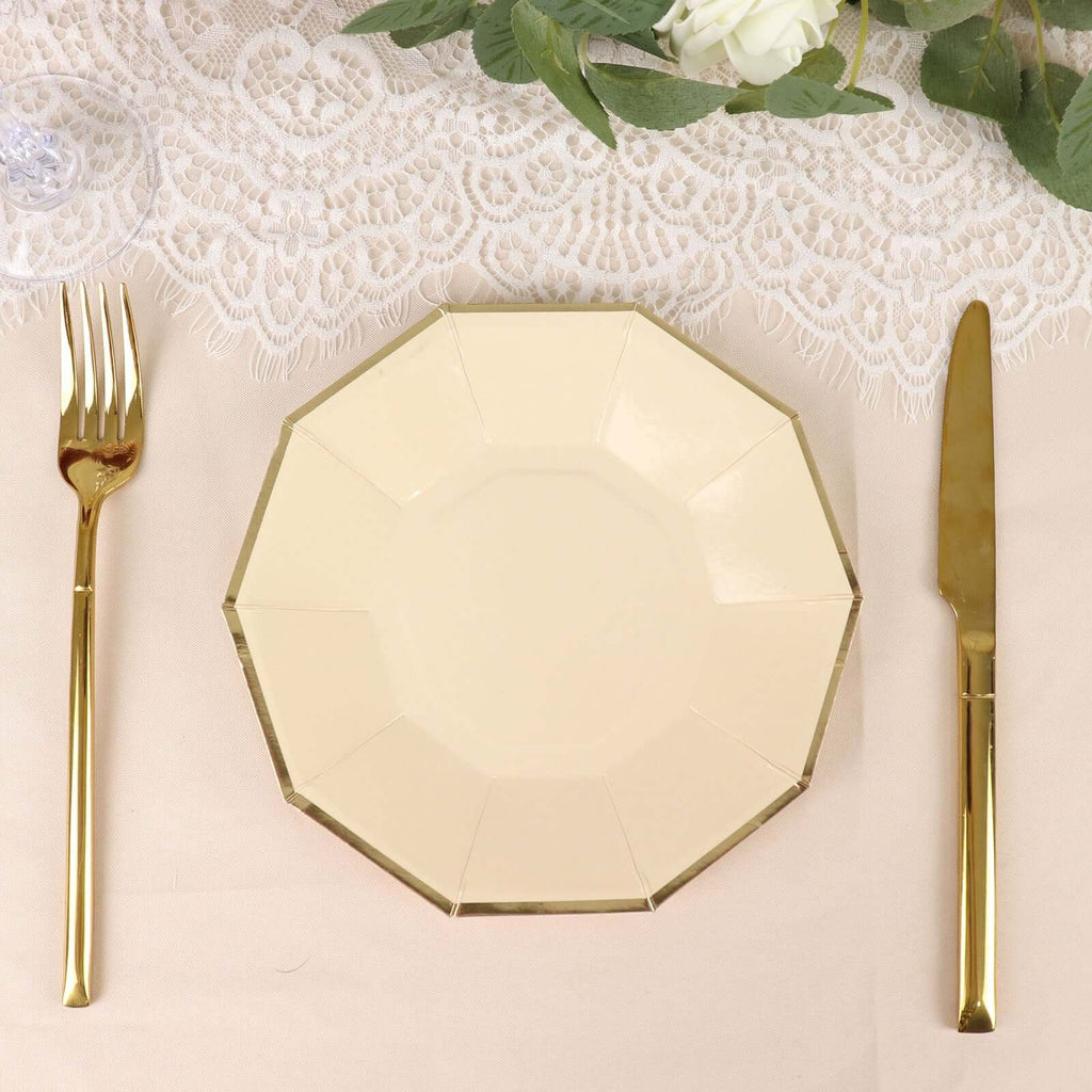 25 - Pack Paper 7" Decagon Appetizer Plates in Beige with Gold Foil Rim - Bell Racket Store