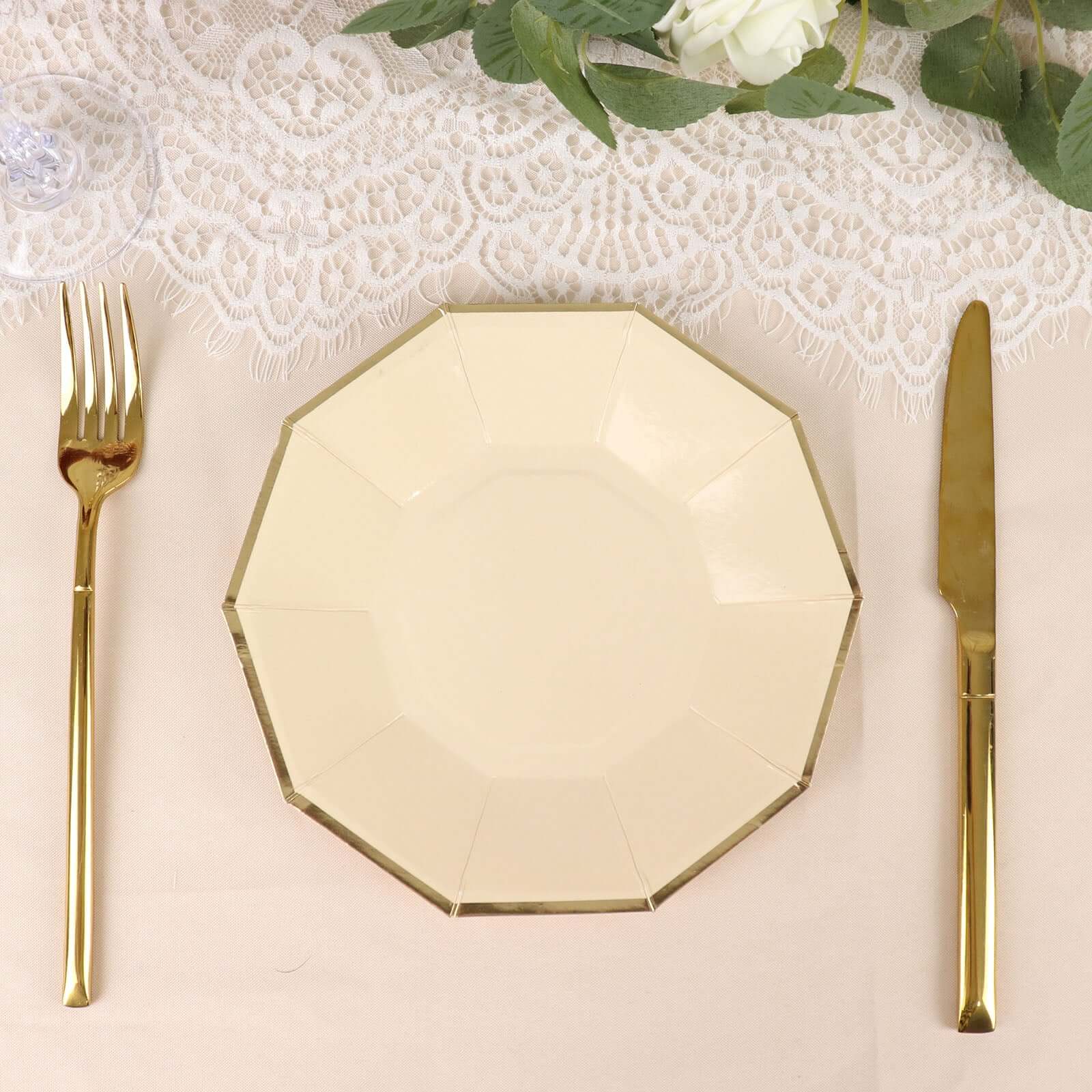 25 - Pack Paper 7" Decagon Appetizer Plates in Beige with Gold Foil Rim - Bell Racket Store