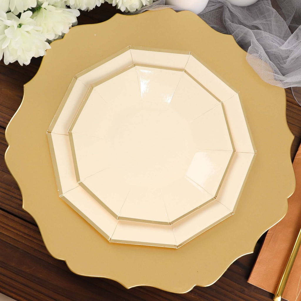 25 - Pack Paper 7" Decagon Appetizer Plates in Beige with Gold Foil Rim - Bell Racket Store