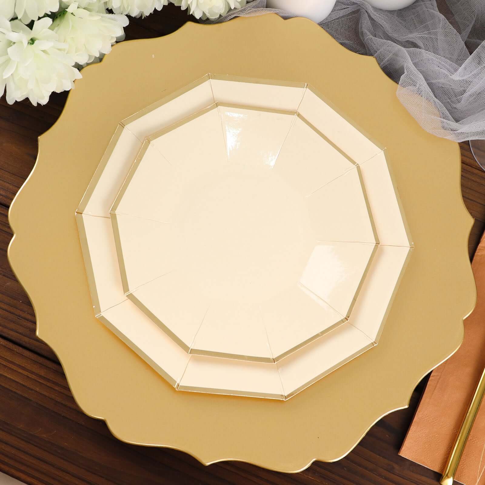 25 - Pack Paper 7" Decagon Appetizer Plates in Beige with Gold Foil Rim - Bell Racket Store
