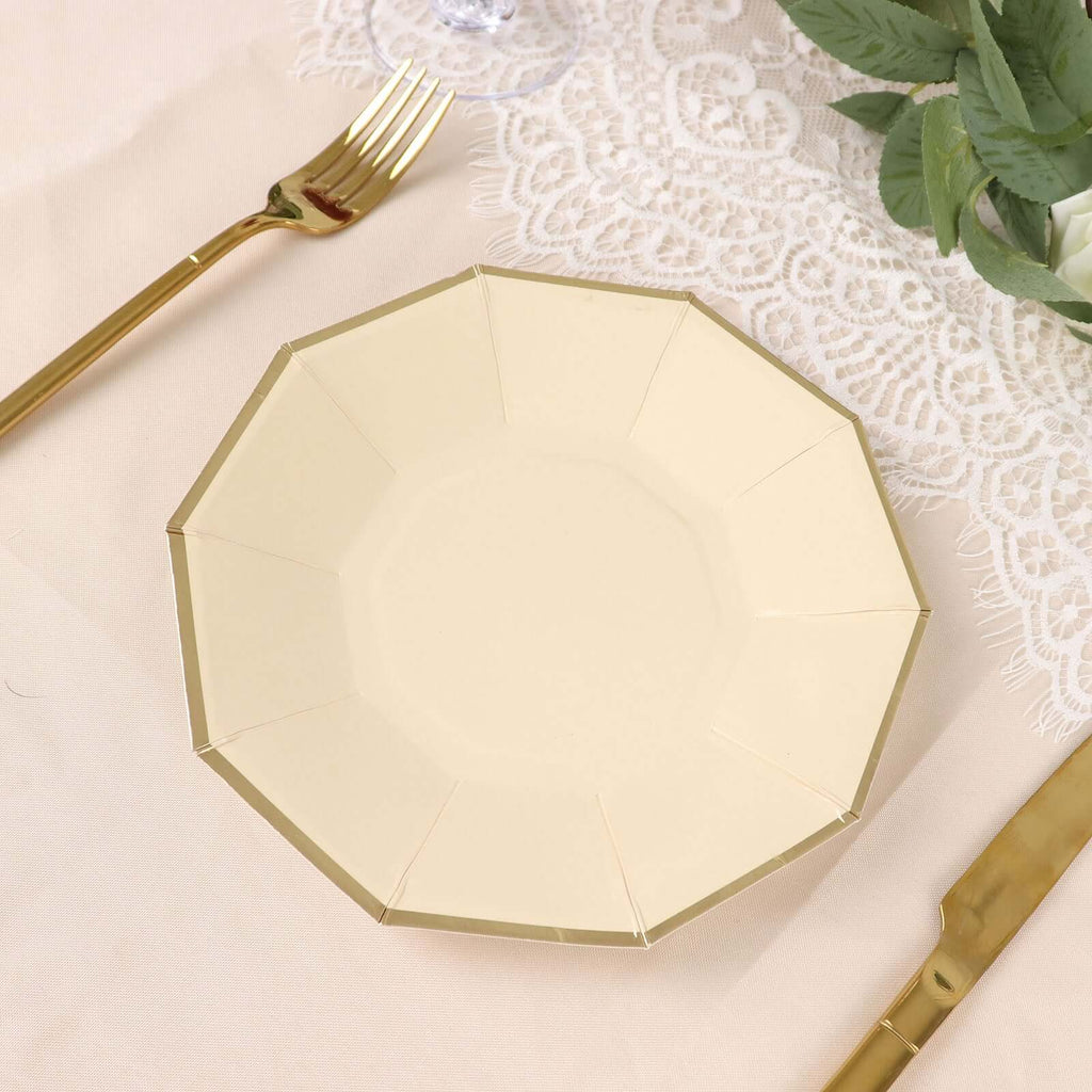 25 - Pack Paper 7" Decagon Appetizer Plates in Beige with Gold Foil Rim - Bell Racket Store