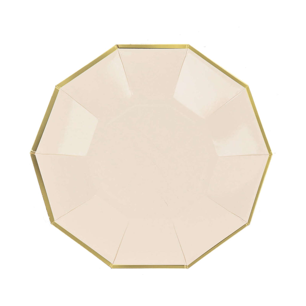 25 - Pack Paper 7" Decagon Appetizer Plates in Beige with Gold Foil Rim - Bell Racket Store