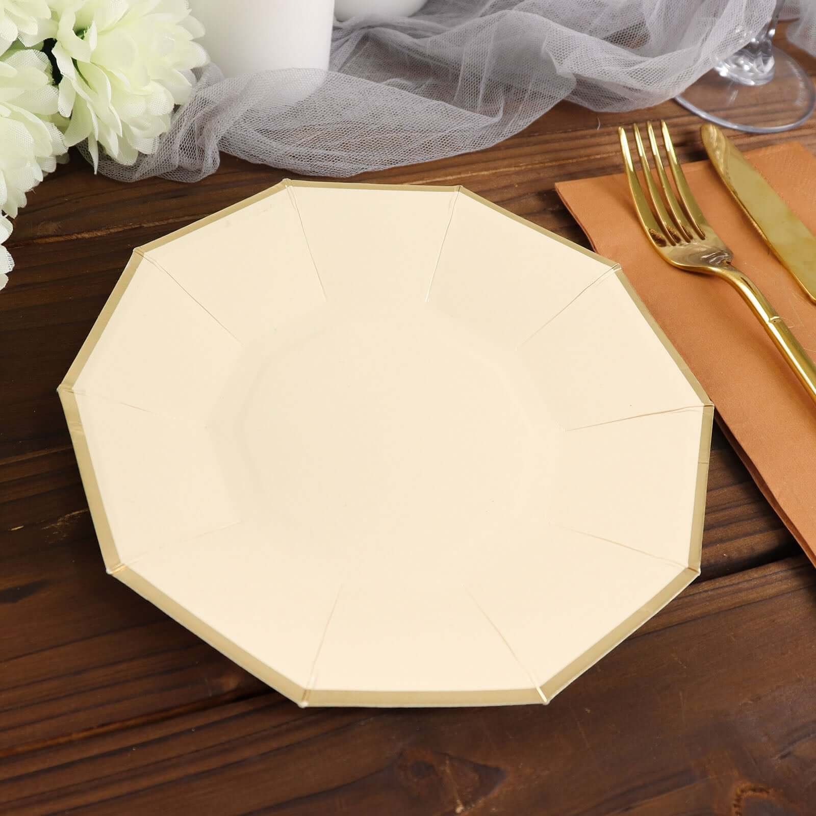 25 - Pack Paper 7" Decagon Appetizer Plates in Beige with Gold Foil Rim - Bell Racket Store