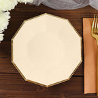 25 - Pack Paper 7" Decagon Appetizer Plates in Beige with Gold Foil Rim - Bell Racket Store