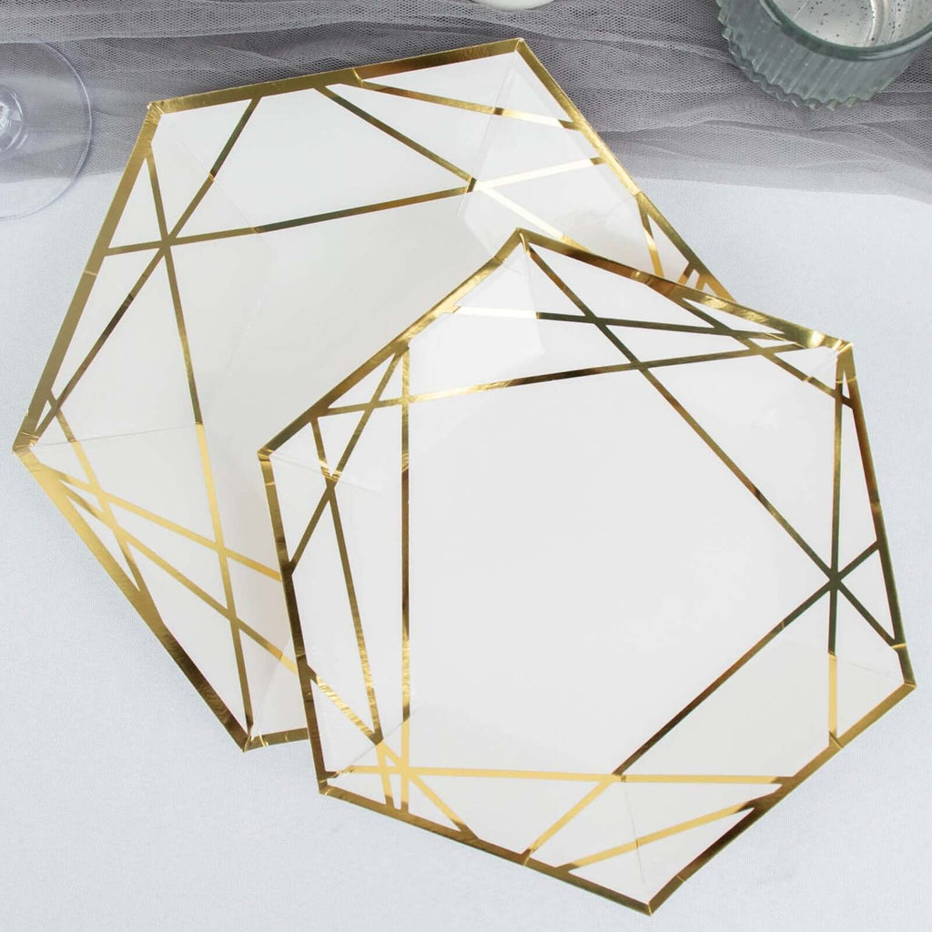 25 - Pack Paper 7" Hexagon Dessert Plates in White with Gold Geometric Lines & Rim - Stylish Disposable Geometric 300GSM Appetizer Salad Plates for Events & Banquets - Bell Racket Store