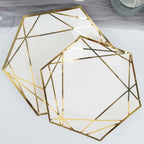 25 - Pack Paper 7" Hexagon Dessert Plates in White with Gold Geometric Lines & Rim - Stylish Disposable Geometric 300GSM Appetizer Salad Plates for Events & Banquets - Bell Racket Store