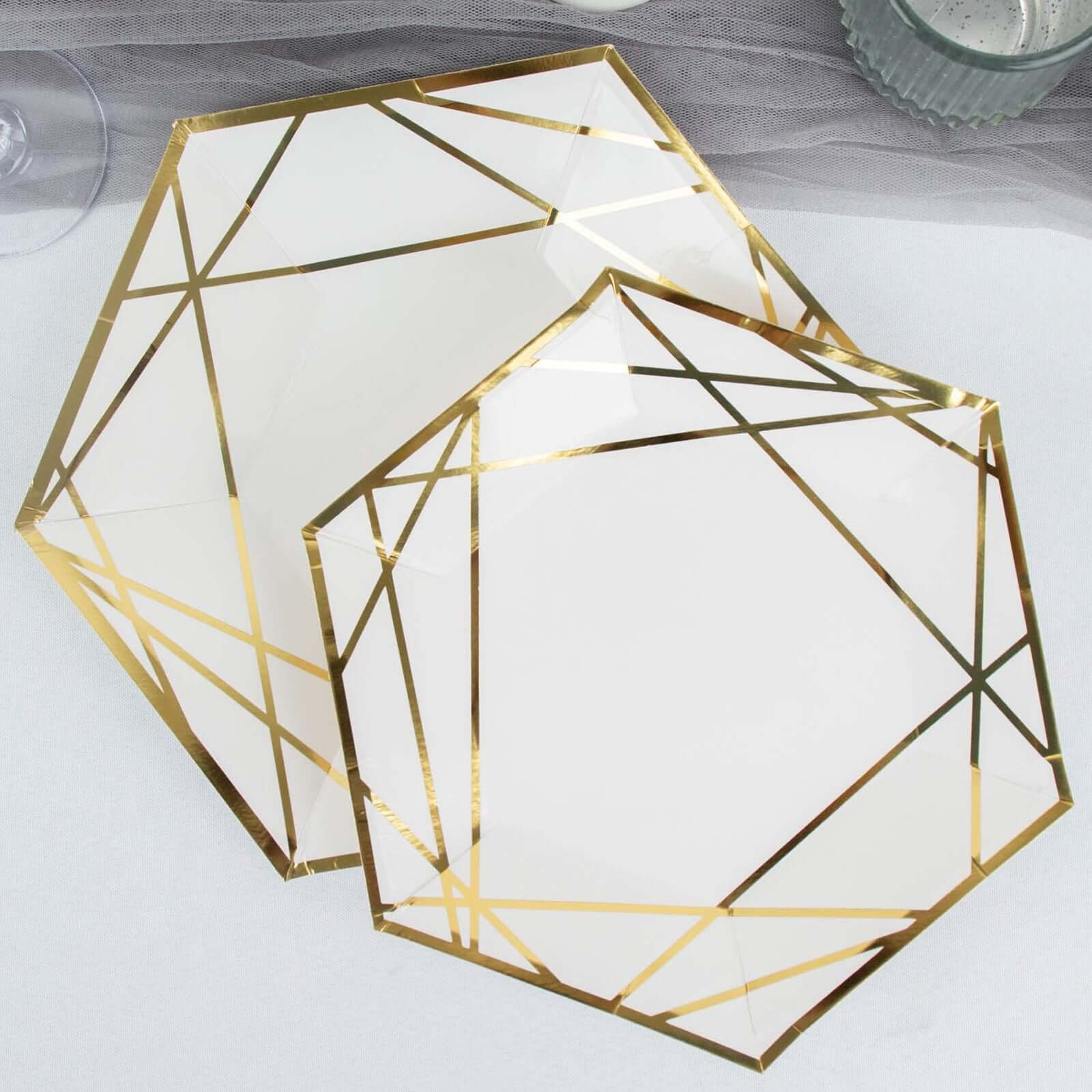 25 - Pack Paper 7" Hexagon Dessert Plates in White with Gold Geometric Lines & Rim - Stylish Disposable Geometric 300GSM Appetizer Salad Plates for Events & Banquets - Bell Racket Store
