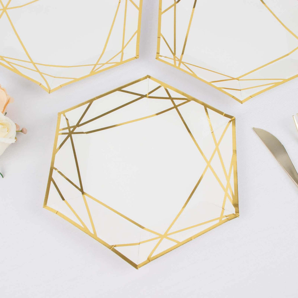 25 - Pack Paper 7" Hexagon Dessert Plates in White with Gold Geometric Lines & Rim - Stylish Disposable Geometric 300GSM Appetizer Salad Plates for Events & Banquets - Bell Racket Store