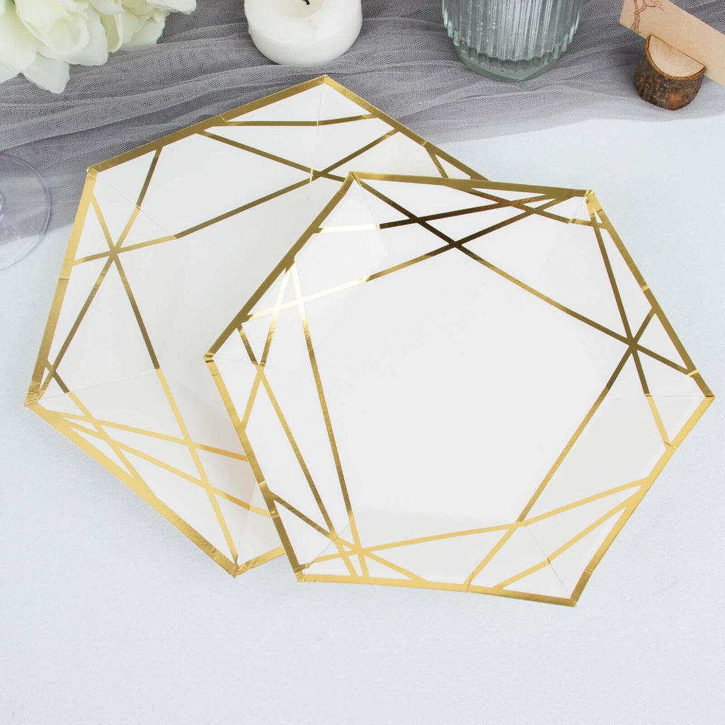 25 - Pack Paper 7" Hexagon Dessert Plates in White with Gold Geometric Lines & Rim - Stylish Disposable Geometric 300GSM Appetizer Salad Plates for Events & Banquets - Bell Racket Store