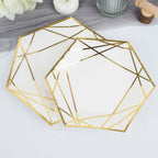 25 - Pack Paper 7" Hexagon Dessert Plates in White with Gold Geometric Lines & Rim - Stylish Disposable Geometric 300GSM Appetizer Salad Plates for Events & Banquets - Bell Racket Store