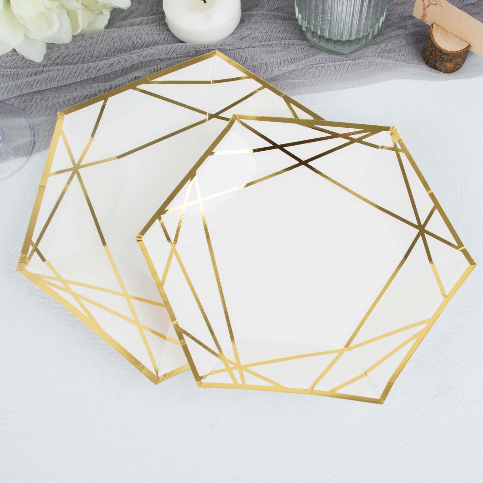 25 - Pack Paper 7" Hexagon Dessert Plates in White with Gold Geometric Lines & Rim - Stylish Disposable Geometric 300GSM Appetizer Salad Plates for Events & Banquets - Bell Racket Store
