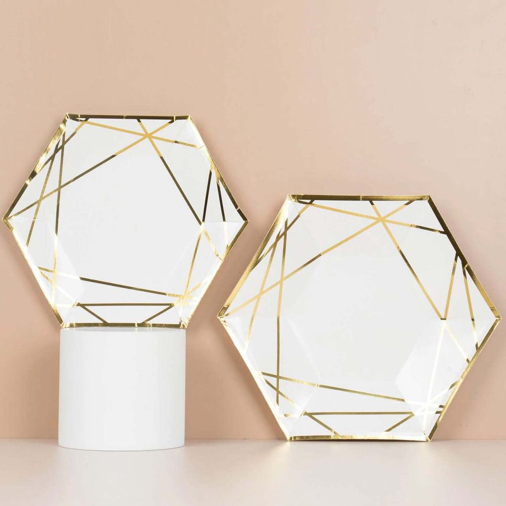 25 - Pack Paper 7" Hexagon Dessert Plates in White with Gold Geometric Lines & Rim - Stylish Disposable Geometric 300GSM Appetizer Salad Plates for Events & Banquets - Bell Racket Store