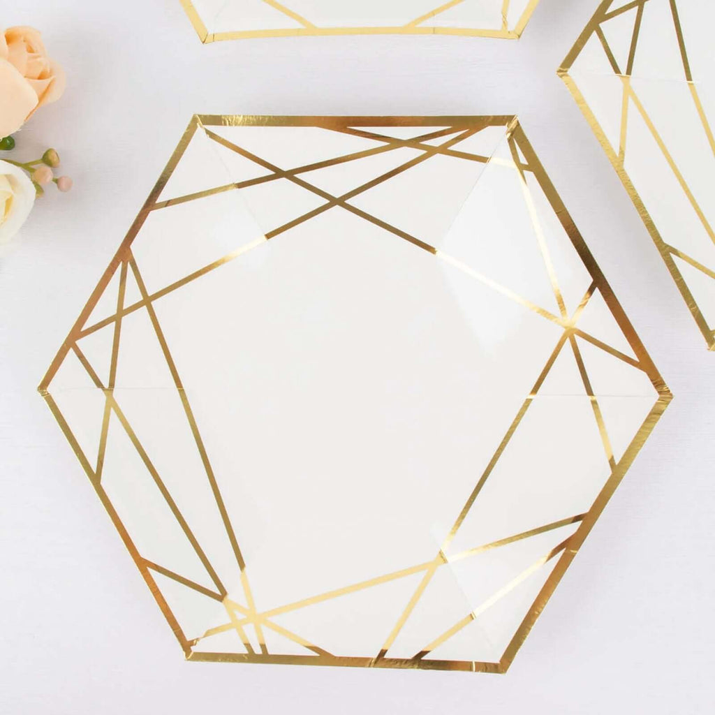 25 - Pack Paper 7" Hexagon Dessert Plates in White with Gold Geometric Lines & Rim - Stylish Disposable Geometric 300GSM Appetizer Salad Plates for Events & Banquets - Bell Racket Store