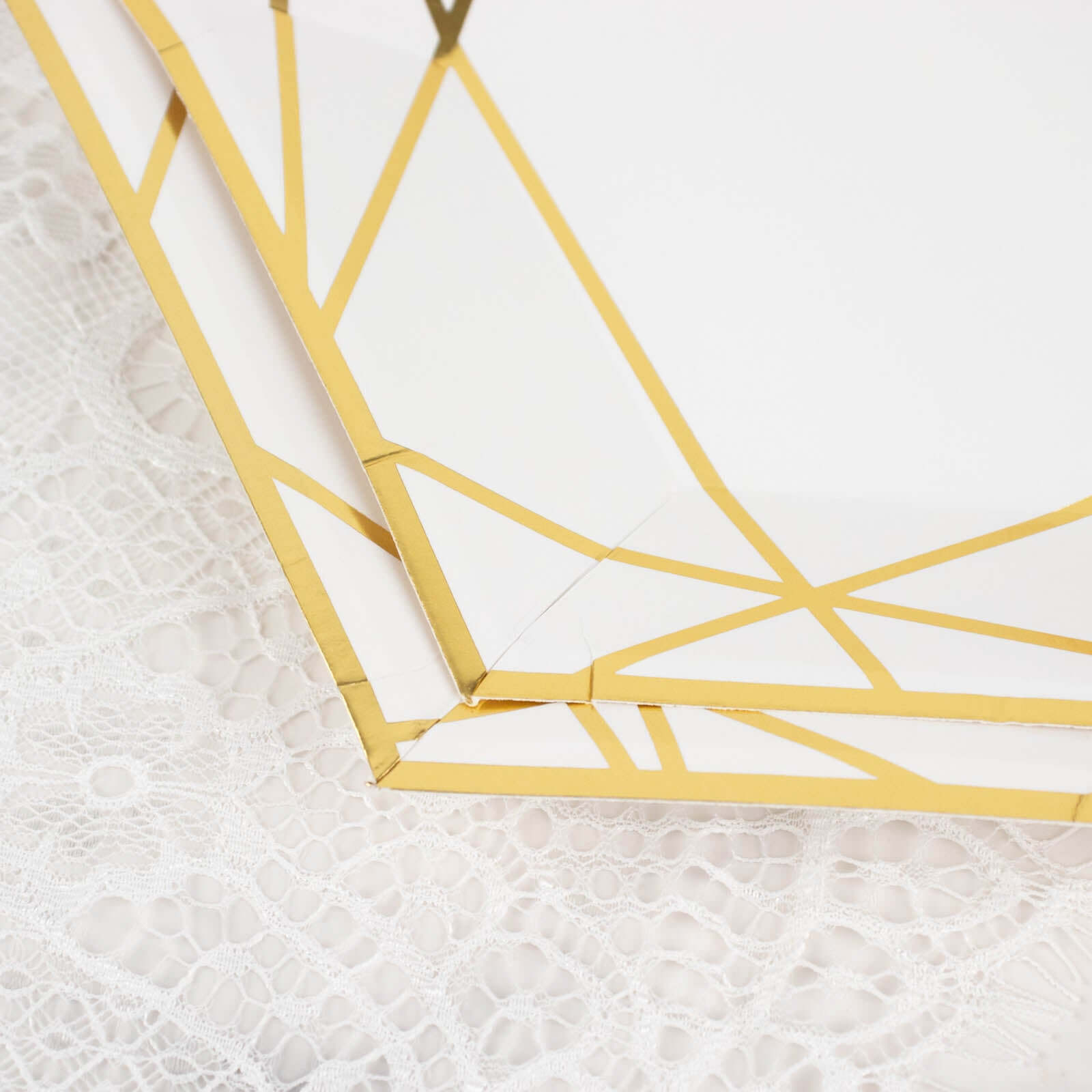 25 - Pack Paper 7" Hexagon Dessert Plates in White with Gold Geometric Lines & Rim - Stylish Disposable Geometric 300GSM Appetizer Salad Plates for Events & Banquets - Bell Racket Store