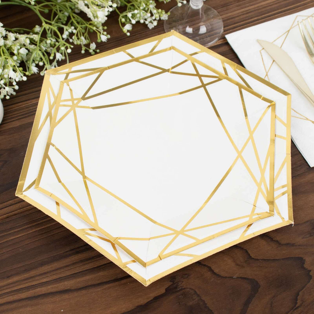 25 - Pack Paper 7" Hexagon Dessert Plates in White with Gold Geometric Lines & Rim - Stylish Disposable Geometric 300GSM Appetizer Salad Plates for Events & Banquets - Bell Racket Store