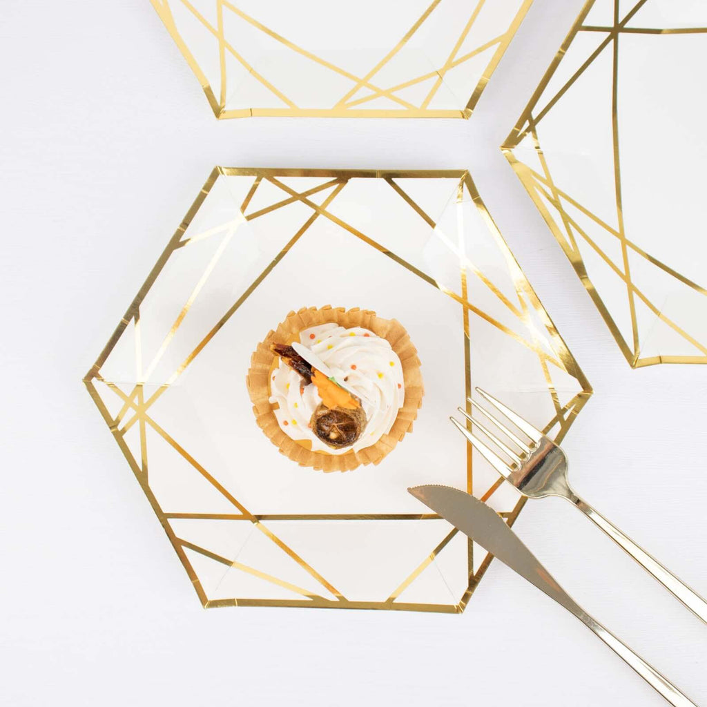 25 - Pack Paper 7" Hexagon Dessert Plates in White with Gold Geometric Lines & Rim - Stylish Disposable Geometric 300GSM Appetizer Salad Plates for Events & Banquets - Bell Racket Store