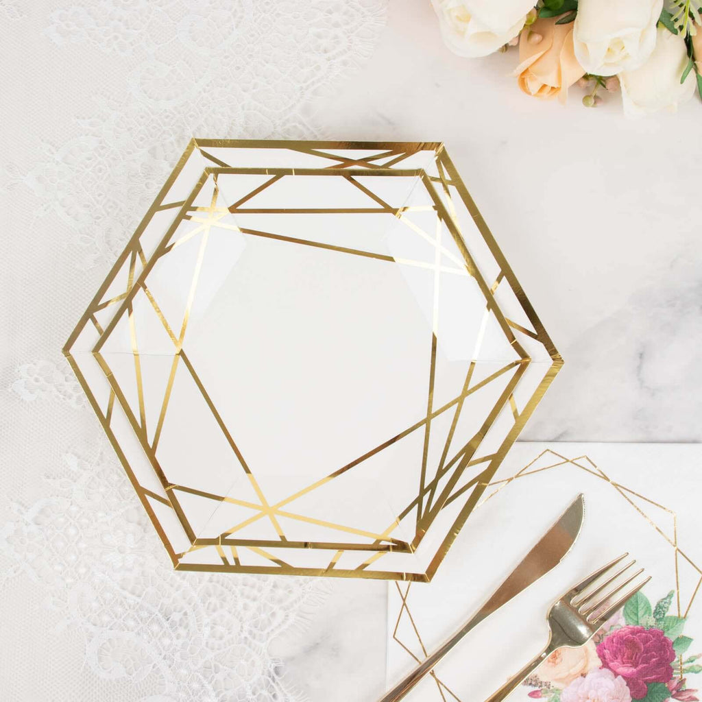 25 - Pack Paper 7" Hexagon Dessert Plates in White with Gold Geometric Lines & Rim - Stylish Disposable Geometric 300GSM Appetizer Salad Plates for Events & Banquets - Bell Racket Store
