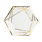 25 - Pack Paper 7" Hexagon Dessert Plates in White with Gold Geometric Lines & Rim - Stylish Disposable Geometric 300GSM Appetizer Salad Plates for Events & Banquets - Bell Racket Store
