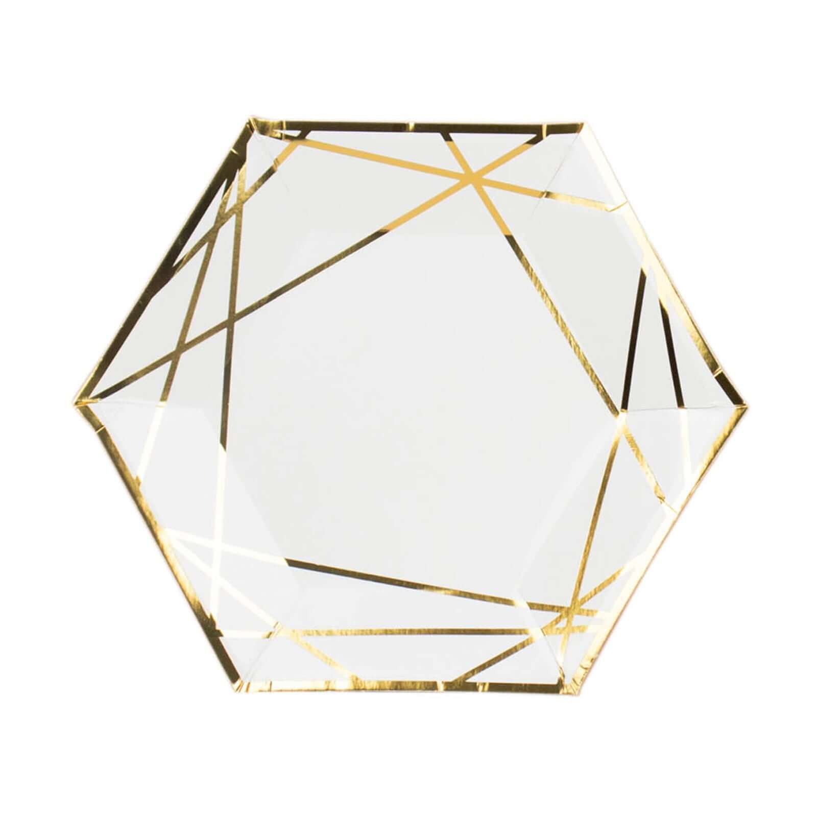 25 - Pack Paper 7" Hexagon Dessert Plates in White with Gold Geometric Lines & Rim - Stylish Disposable Geometric 300GSM Appetizer Salad Plates for Events & Banquets - Bell Racket Store