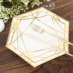 25 - Pack Paper 7" Hexagon Dessert Plates in White with Gold Geometric Lines & Rim - Stylish Disposable Geometric 300GSM Appetizer Salad Plates for Events & Banquets - Bell Racket Store