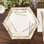 25 - Pack Paper 7" Hexagon Dessert Plates in White with Gold Geometric Lines & Rim - Stylish Disposable Geometric 300GSM Appetizer Salad Plates for Events & Banquets - Bell Racket Store
