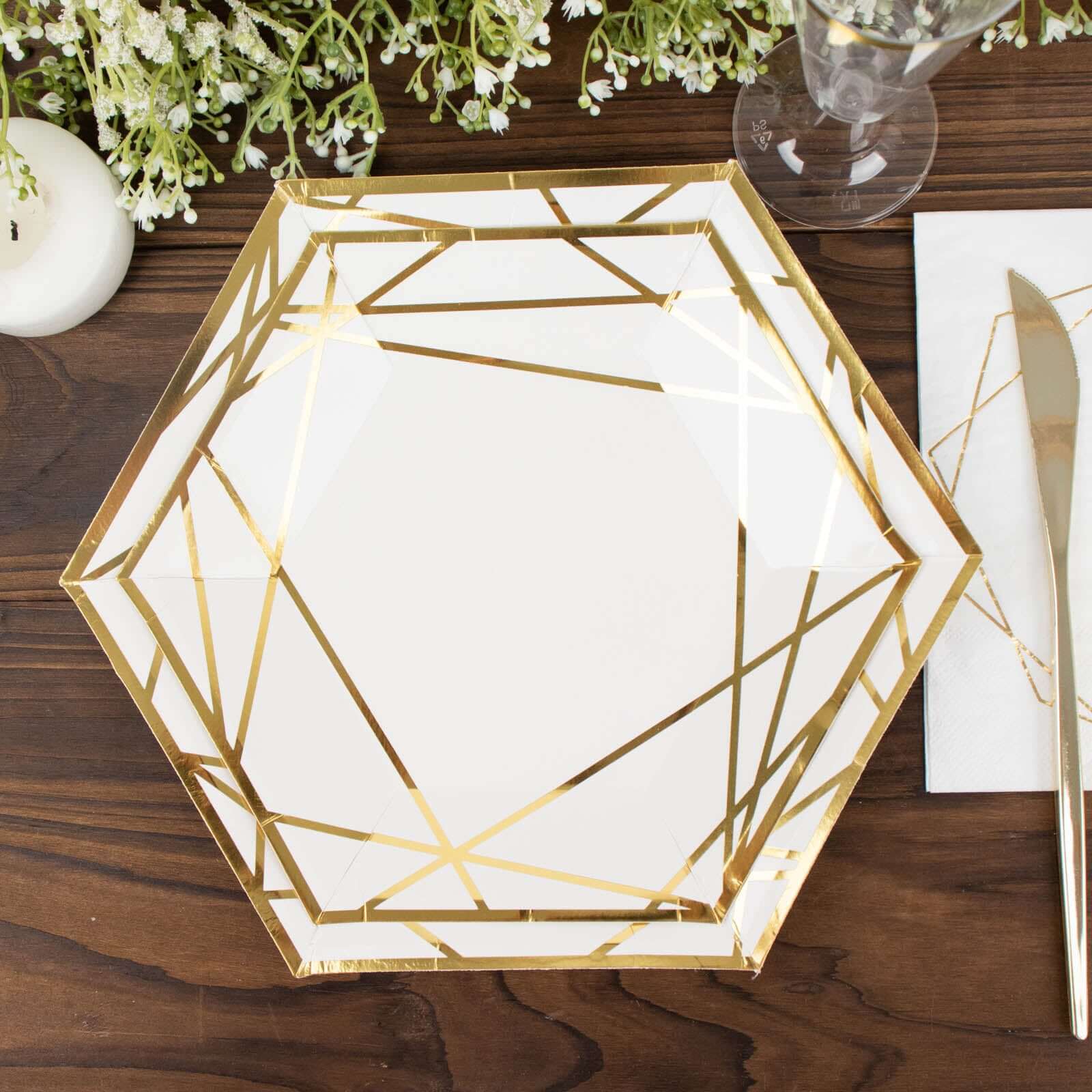 25 - Pack Paper 7" Hexagon Dessert Plates in White with Gold Geometric Lines & Rim - Stylish Disposable Geometric 300GSM Appetizer Salad Plates for Events & Banquets - Bell Racket Store
